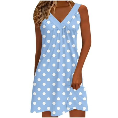 Tumotour Summer Tank Dress for Women Mini Dress Pleated V-Neck Sleeveless Sundress T-Shirt A-Line Dress Beach Short Dress