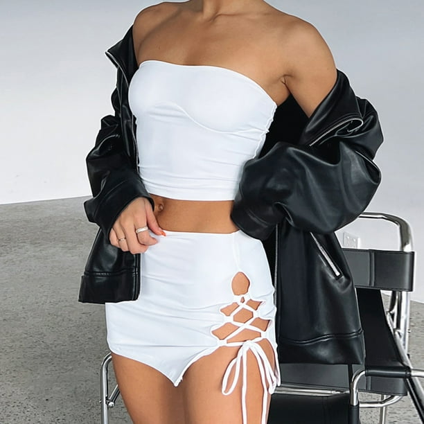 Crop Top + Wrap Hips Faldas Mujeres Crop Top + Wrap Hips Faldas 2 piezas Y2K Sexy Tube Top + Mini falda (Blanco L) Cgtredaw Para estrenar