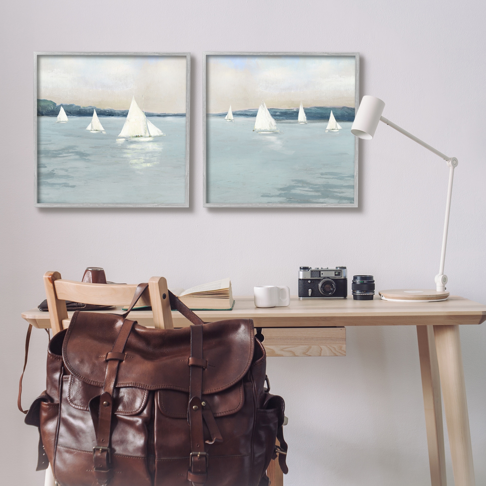 Stupell Industries Sailboats Grey Nautical Ocean View Coastal Painting Gray Framed Art Print Wall Art, Set of 2