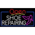 thumbnail image 1 of White Shoe Repairing Open LED Neon Sign 13 x 24 - inches, Black Square Cut Acrylic Backing, with Dimmer - Bright and Premium built indoor LED Neon Sign for store interior Décor, Storefront., 1 of 7