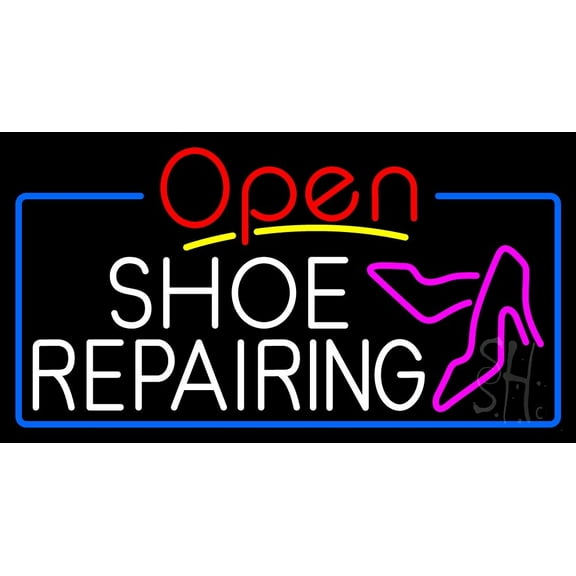 White Shoe Repairing Open LED Neon Sign 13 x 24 - inches, Black Square Cut Acrylic Backing, with Dimmer - Bright and Premium built indoor LED Neon Sign for store interior Décor, Storefront.