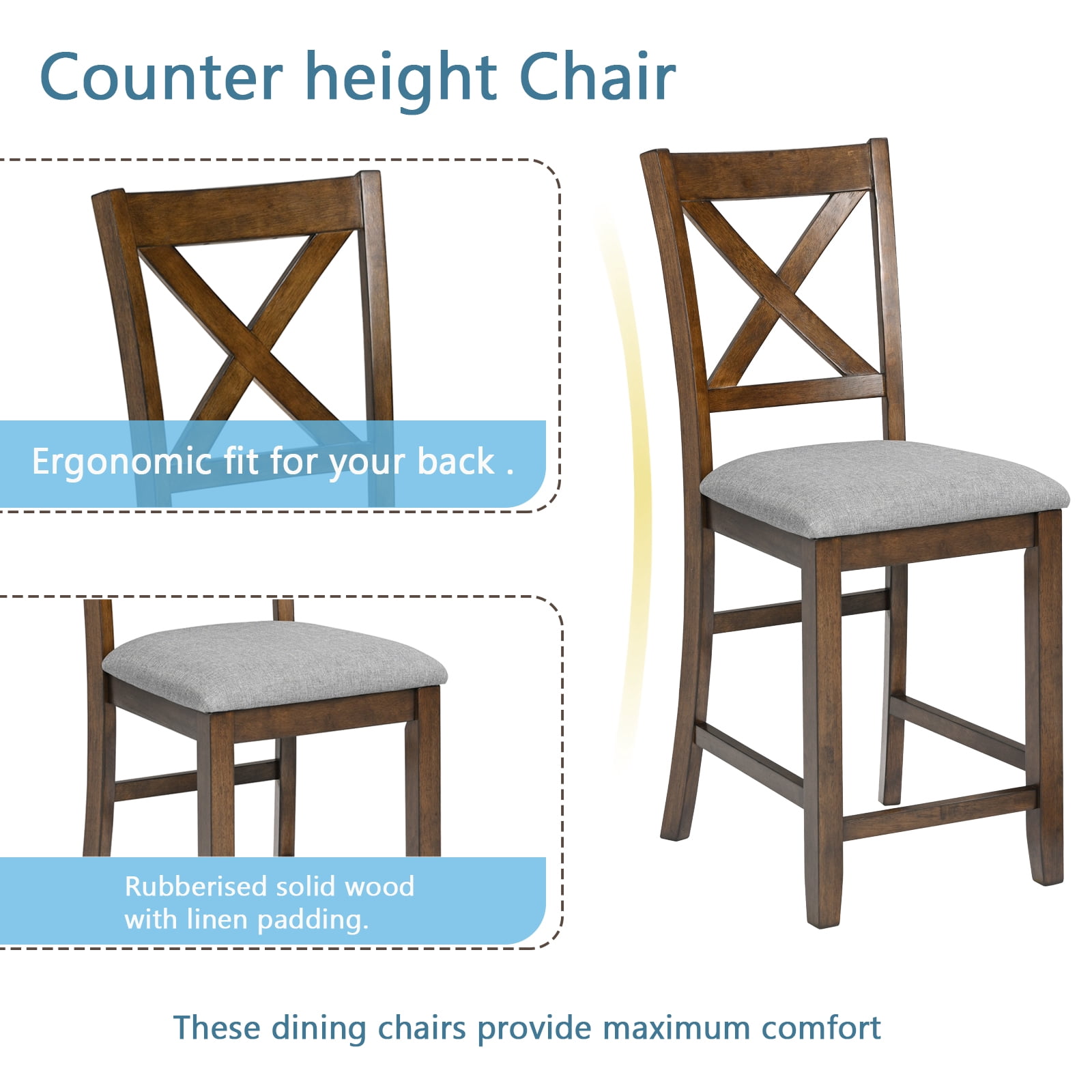 BSHTI 5-Piece Counter Height Solid Wood Dining Table Set – 34.5" Square Table + 4 Chairs, X-Back Design, Linen Upholstery 4 Chair Dining Table Set, Walnut Finish for Kitchen & Dining Room