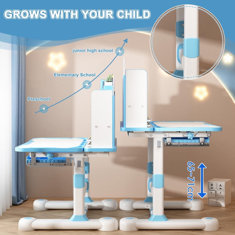 YNCE Kids Height Adjustable 2-in-1 Desk and Chair Set w/ Posture Support Ergonomic Chairs Book Rest Footrest, Study Table for Children Grows 3-8 Year