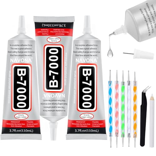 3 PCS 110ml B7000 Glue Clear with Precision Tip, B7000 Rhinestone Glue Set, Craft Glues with 5-Point Pen Tool, Crayon, and Tweezers, Fabric Glues is Used for Nails, Jewelry, Shoes, Fabrics