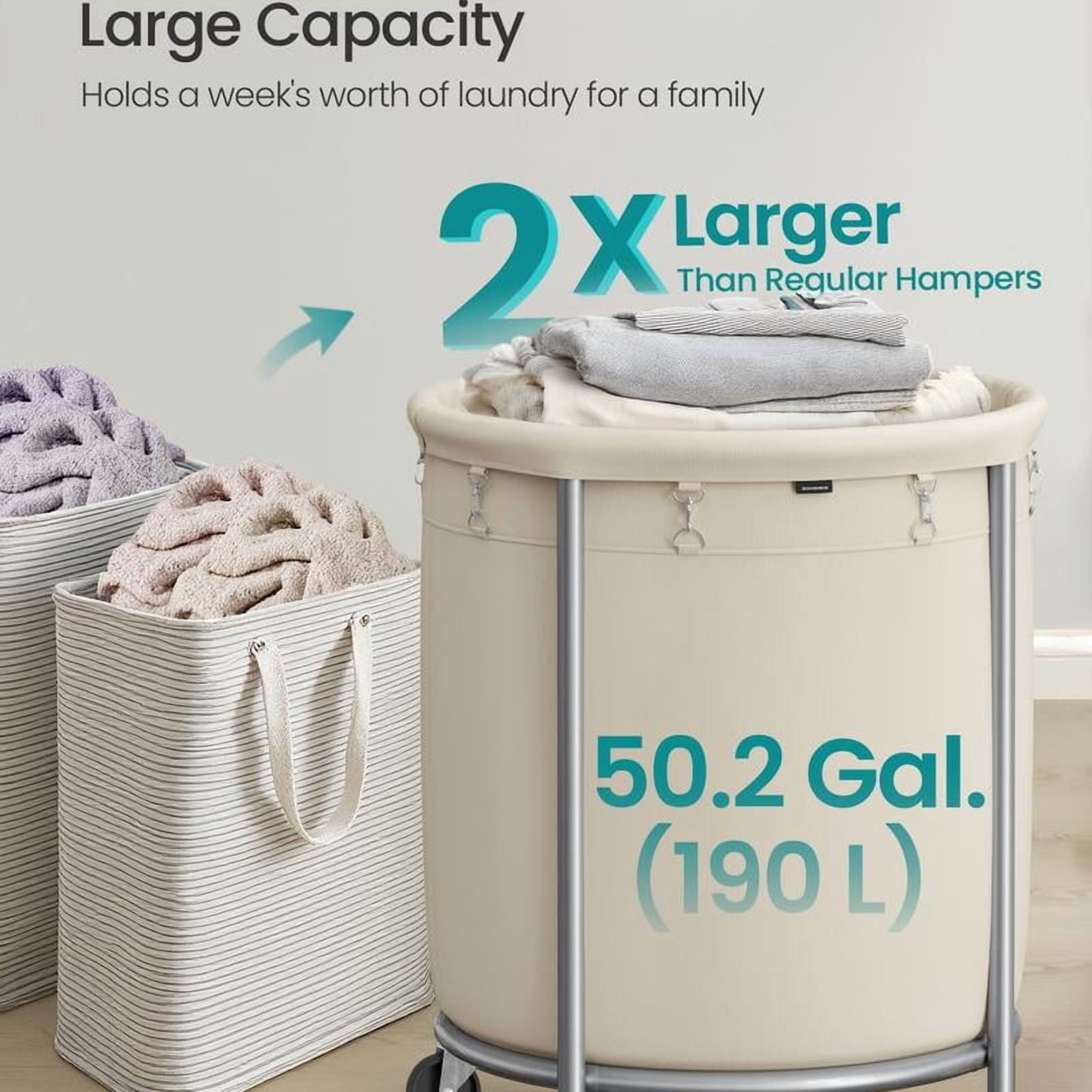 SONGMICS HOME Laundry Basket with Wheels, Rolling Laundry Hamper, Round Laundry Cart with Steel Frame and Removable Bag ,Organiser