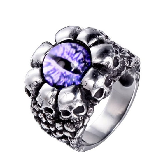PAMTIER Men's Stainless Steel Vintage Gothic Punk Ghost Skull Head Evil Eye Biker Ring with Purple Gemstone Demon Hell Skeleton Silver Size 7