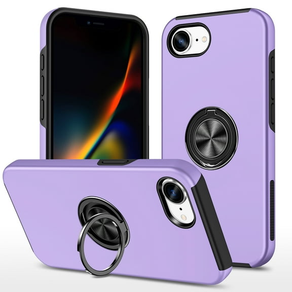ELEHOLD Rugged Case For iPhone 16e / SE4 2025 Magnetic Shockproof Cover, 360° Rotable Ring Kickstand, Enhanced Camera Protection, Purple