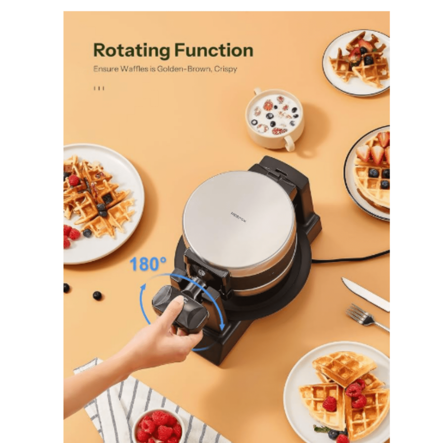 Classic Waffle Iron, Double Belgian Waffle Maker 180°Flip, 1400W Waffle Iron 8 Slices, Rotating & Nonstick Plates with Removable Drip Tray, Cool Touch Handles, Stainless Steel (8 Slices)