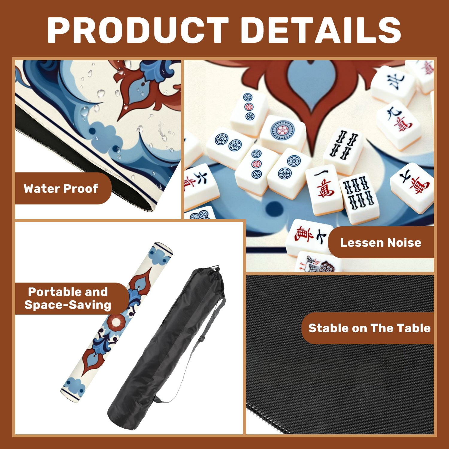 Mahjong Mat 31.5" x 31.5" Floral Tile Design Red Blue White Ornate Patterns Non-Slip Noise Reduction American Mahjong Tiles Table Cover for Dominoes Poker Card Board Games Gift