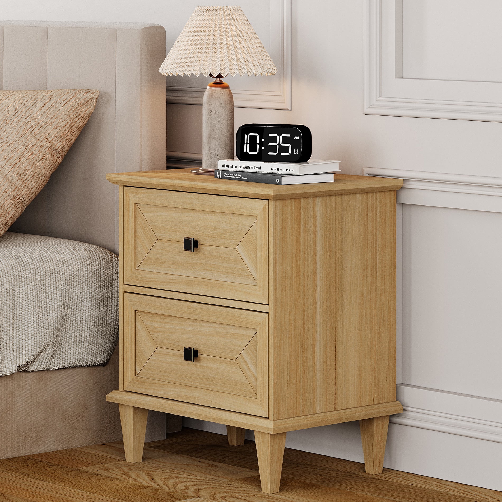 WAMPAT Handmade Patchwork 2-Drawer Nightstand with Charging Station, Oak