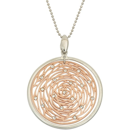 Giuliano Mameli White Swarovski Crystal Accent 14kt Rose Gold-Plated Sterling Silver 30mm Inside Matte-Finished Rose and 35mm Outside White Polished Frame Pendant with Chain
