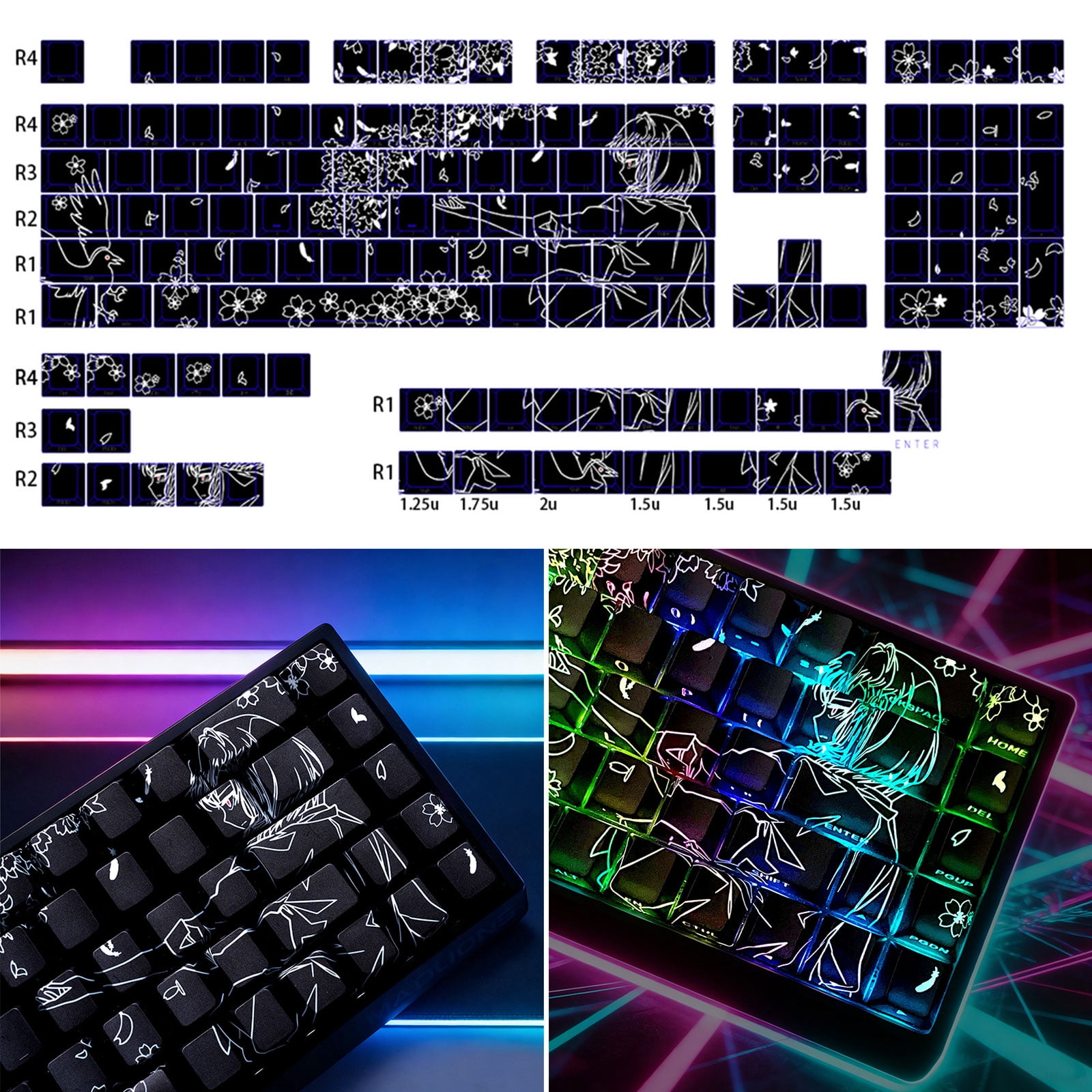 Themed Side Printed Translucent Keycaps 74/140Key Original Height Compatible Mechanical Keyboards