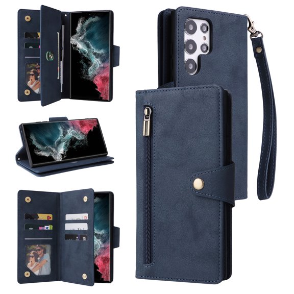 Feishell for Samsung Galaxy S22 Ultra 5G Wallet Case with Wrist Strap,Premium PU Leather Zipper Pocket Magnetic Buckle Flip ID Credit Card Slots Shockproof Kickstand Phone Case for Women Men,Blue
