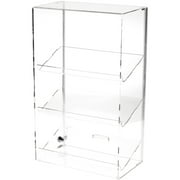 Plymor Clear Acrylic Locking Display Case with Sliding Back, 3 Angled Shelves, 21.75" H x 13.25" W x 7.5" D