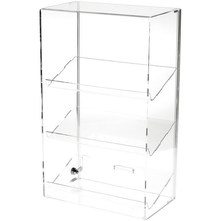 Plymor Clear Acrylic Locking Display Case with Sliding Back, 3 Angled Shelves, 21.75" H x 13.25" W x 7.5" D