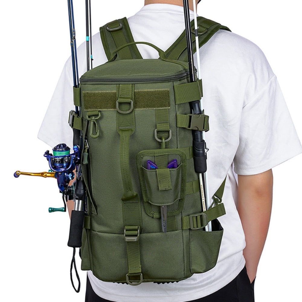 Fishing Backpack Tackle Bag, Kvago Fishing Bag Shoulder Bag with Rod Holders, Storage Bag for Outdoor Activities, Fishing, Camping, Hiking, Cycling (8.27 x 6.69 x 16.93 in, Green)