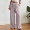 thumbnail image 2 of NIEWTR Linen Wide Leg Pants Woman High Waisted Pull On Button Drawstring Baggy Casual Summer Palazzo Pants with Pockets（Light Purple,M), 2 of 9