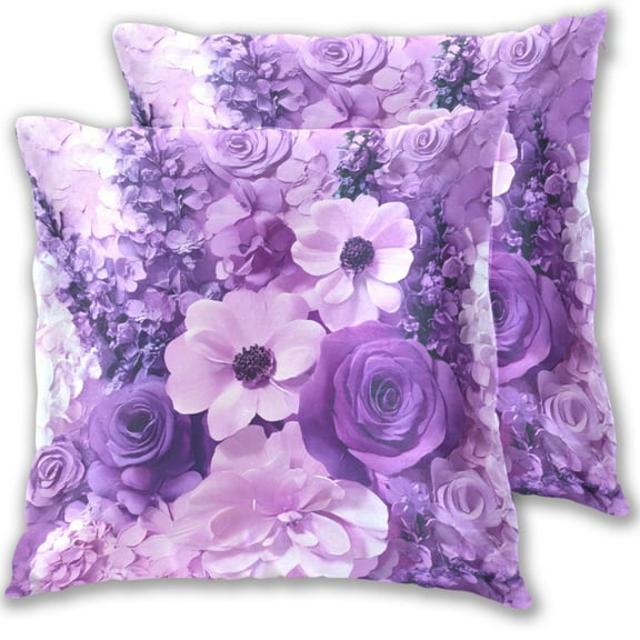 Purple Elegant Flowers Throw Pillow Covers 16x16 Inch 2 Packs Decorative Square for Living Room Couch Bed Sofa