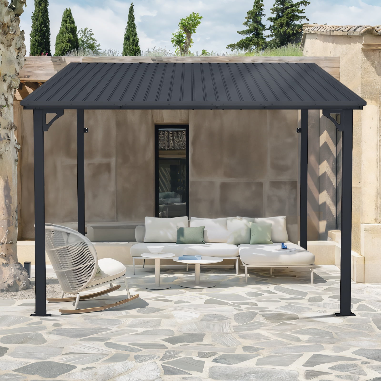 JOIVI 8' x 10' Outdoor Lean to Gazebo, Hardtop Wall Mounted Gazebo with Sloping Roof, Awnings for Patio with All-Iron Frame, Pergolas for Patio, Backyard, Deck