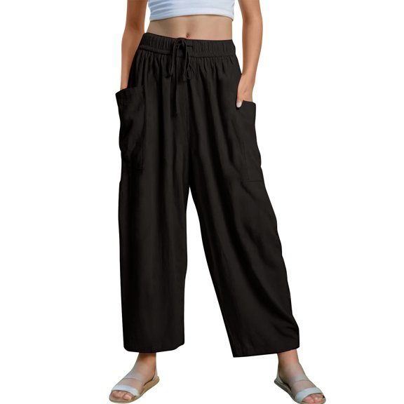 IVEYRTF Girls Solid Color Wide Leg Pants with Pockets Casual Lightweight Breathable Spring Summer Everyday Comfortable Fit Trousers(Black#1,7 Years)
