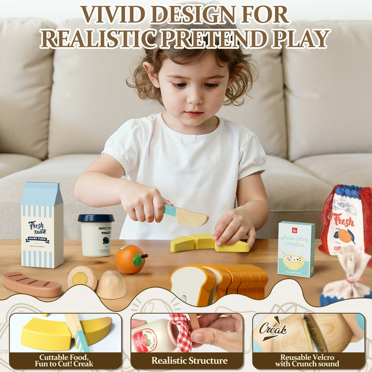 Play Food Sets, Wooden Play Kitchen Accessories Kids Cutting