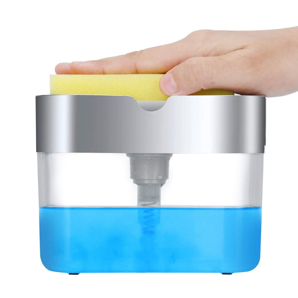 Wisremt Press Type Dish Soap Dispenser for Kitchen, 2 in1 Innovative Soap Dispenser and Sponge Holder, Countertop Soap Pump Dispenser Caddy Organizer
