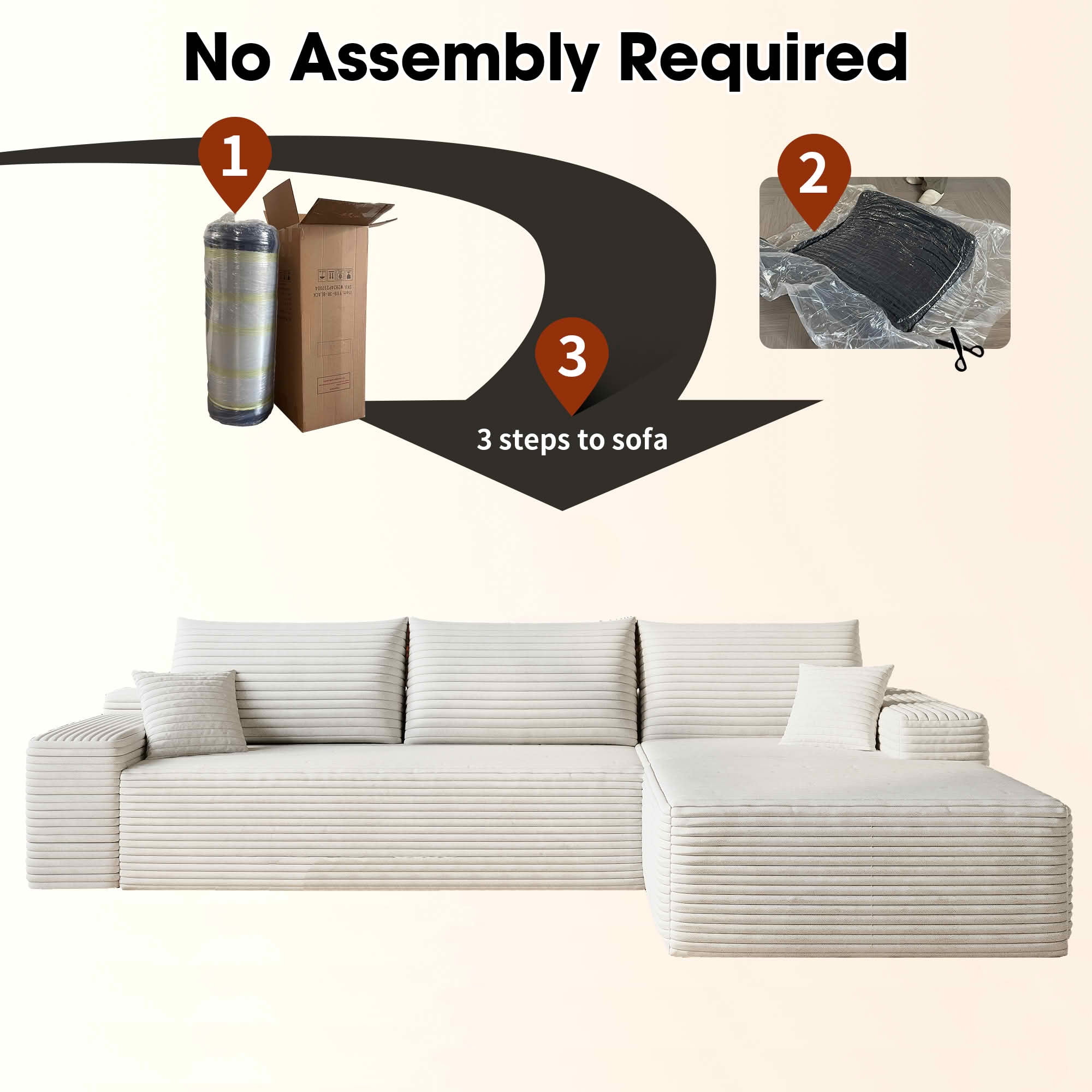 MAYEERTY 107" Cloud L-Shaped Modular Sectional Sofa with Chaise, Plush Corduroy Deep Seat 3-Seater Couch, Sofa for Living Room Bedroom, No Assembly Required, White