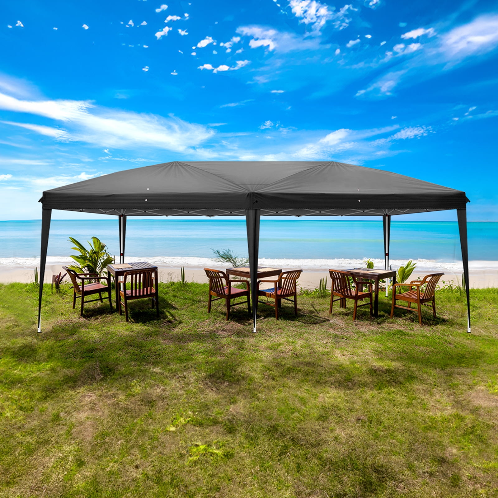 10'x20' Instant Pop Up Canopy Tent Black, No Sidewalls, 28/22mm Powder Coated Steel Frame, 10x20mm Crossbar, 210D Oxford Folding Outdoor Tent with Carry Bag, No Sandbags