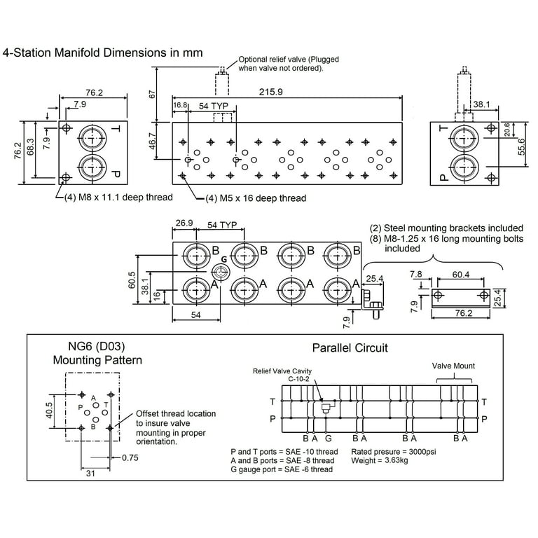 Hydraulic Valve Manifold Aluminum D03 NG6 - Cetop 3 Pattern With Relief Valve (2 Stations)