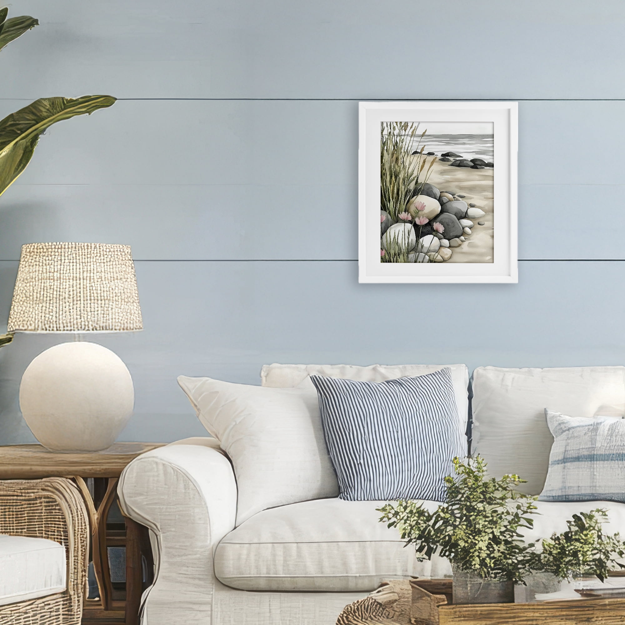 Stupell Industries Coastal Calm Pebbles White Framed Print Under Glass, design by Riley B