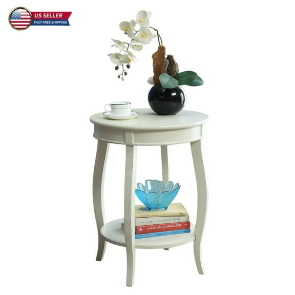 Hassch 18" Round Side Table with Bottom Shelf, 2-Tier Wooden End Table with Cabriole Legs, Antique White Accent Table for Living Room or Bedroom