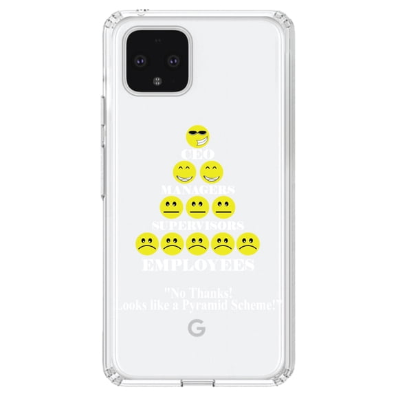 DistinctInk Clear Shockproof Hybrid Case for Google Pixel 4 (6.1" Screen) - TPU Bumper Acrylic Back Tempered Glass Screen Protector - No Thanks Looks Like a Pyramid Scheme