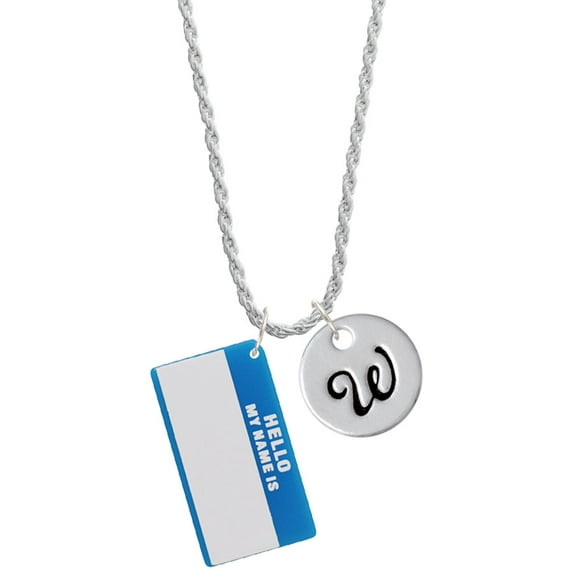 Delight Jewelry Acrylic Blue "Hello" Name Tag Silvertone Script Initial Disc - W - Charm Necklace, 20"+3"