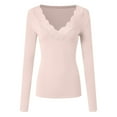 thumbnail image 4 of larppty Long Sleeve Shirts for Women Lace V Neck Ribbed Fitted T-Shirt Dressy Business Casual Blouses 2025 Trendy Fall Tops（Pink，S）, 4 of 7