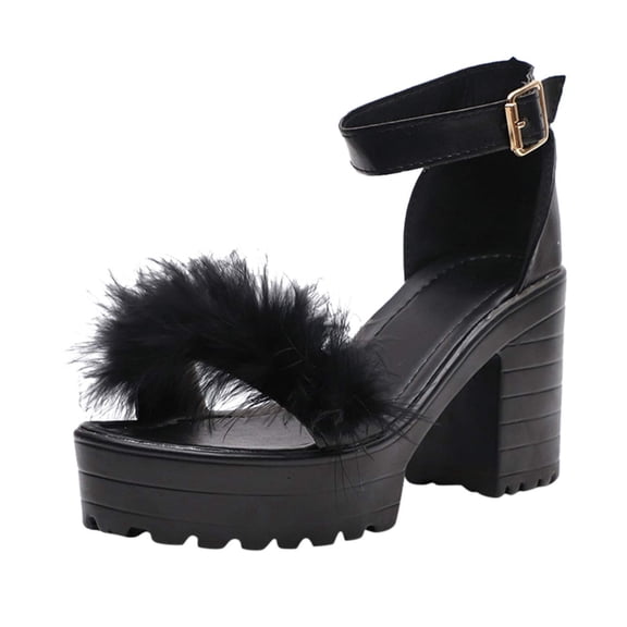 KIJBLAE Women's Summer Sandals Ankle Strap Fluffy Furry High Heels Party Dress Shoes Black 42