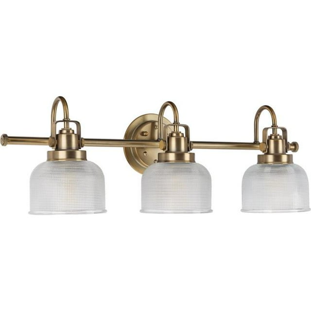 Progress Lighting PP2992163 Archie Collection 3-Light Vintage Brass Clear Double Prismatic Glass Coastal Bath Vanity Light