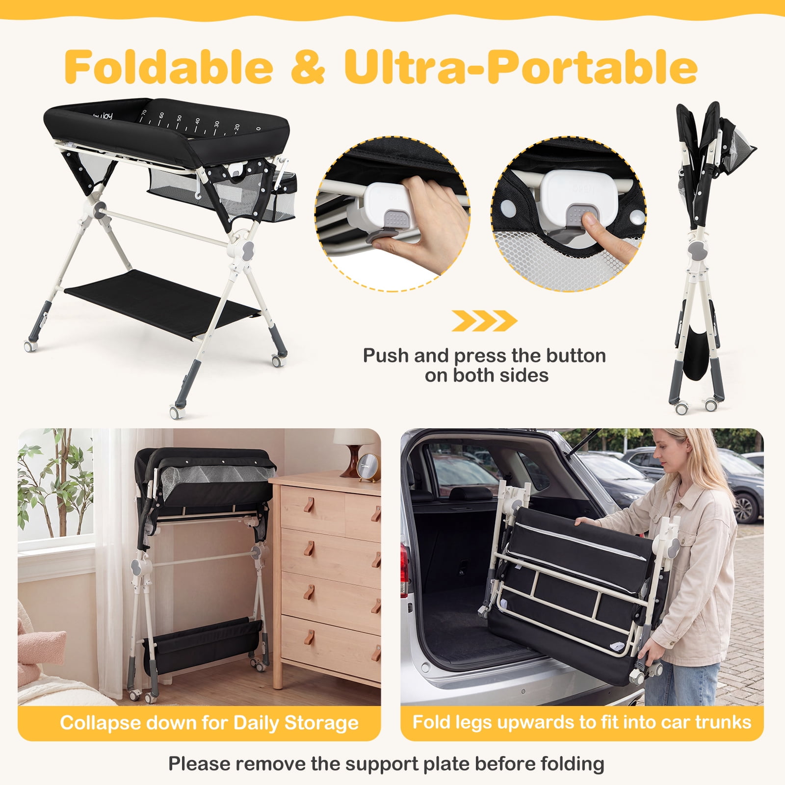 Babyjoy Baby Changing Table with Storage Bag Shelf Toys Lockable Wheels Adjustable Heights Black