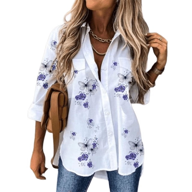 Chemise à Revers Imprimée à Manches Longues pour Femme