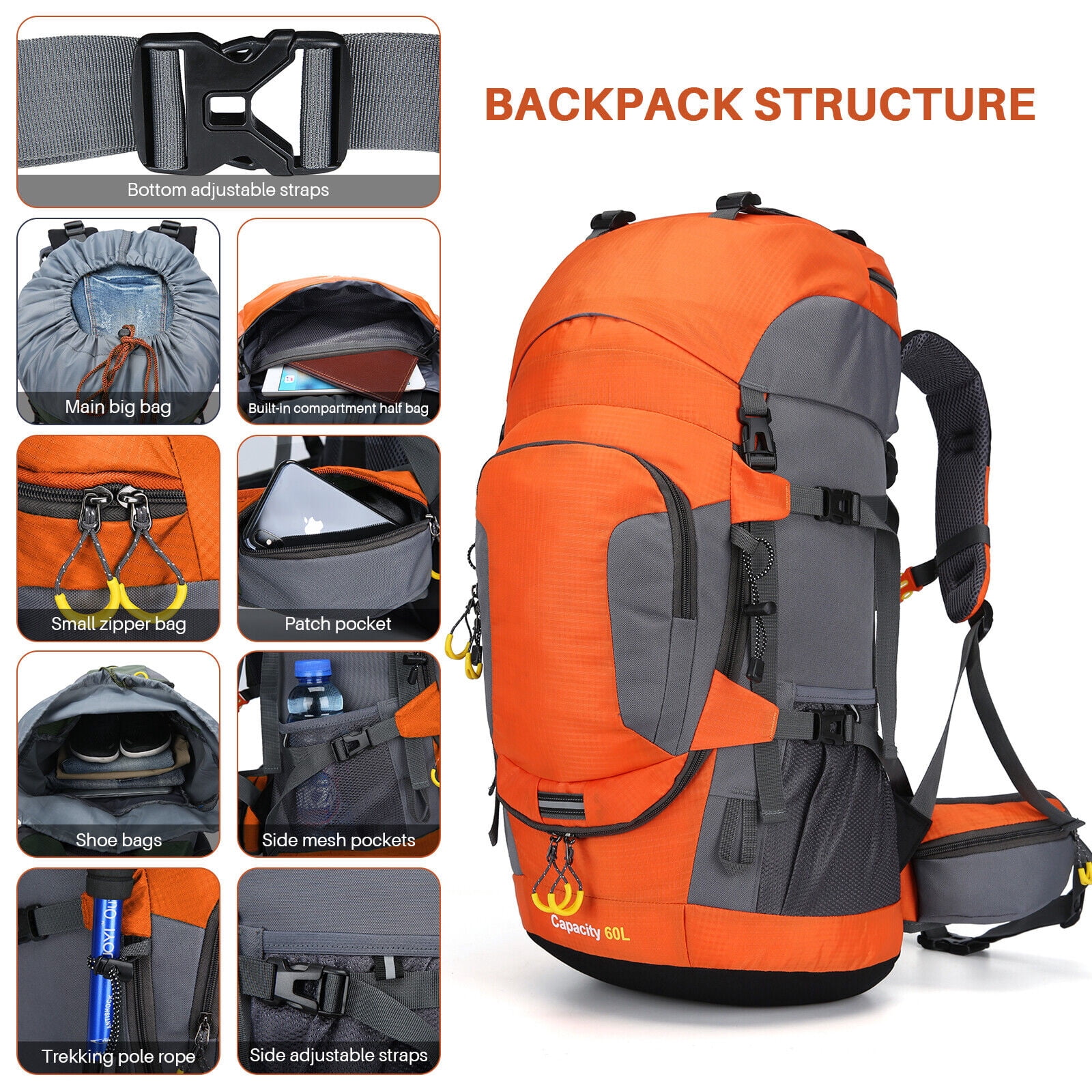 SHANNA 60L Waterproof Hiking Camping Backpack with Rain Cover Camping Rucksack Lightweight Hunting Rucksack,Orange