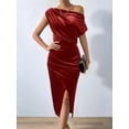thumbnail image 5 of Women'S Off the Shoulder Asymmetrical Velvet Midi Dress Short Sleeve Ruched Elegant Party Dresses Wine Red L, 5 of 8