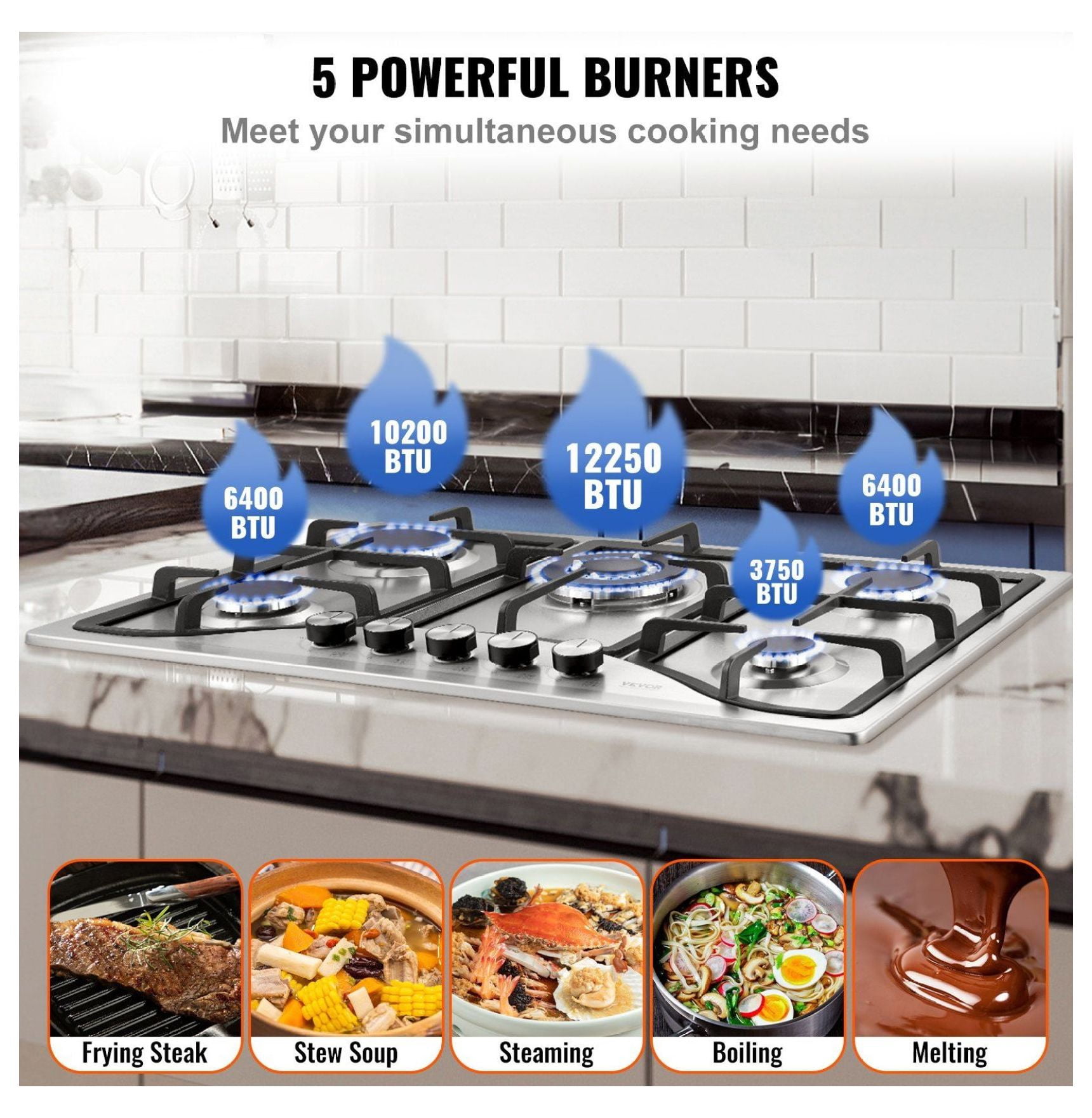 30 inch Gas Cooktop 5 Burners, 12250 BTU Built-in Stainless Steel Stove Top, LPG/NG Convertible, Thermocouple Protection, Natural Gas Hob