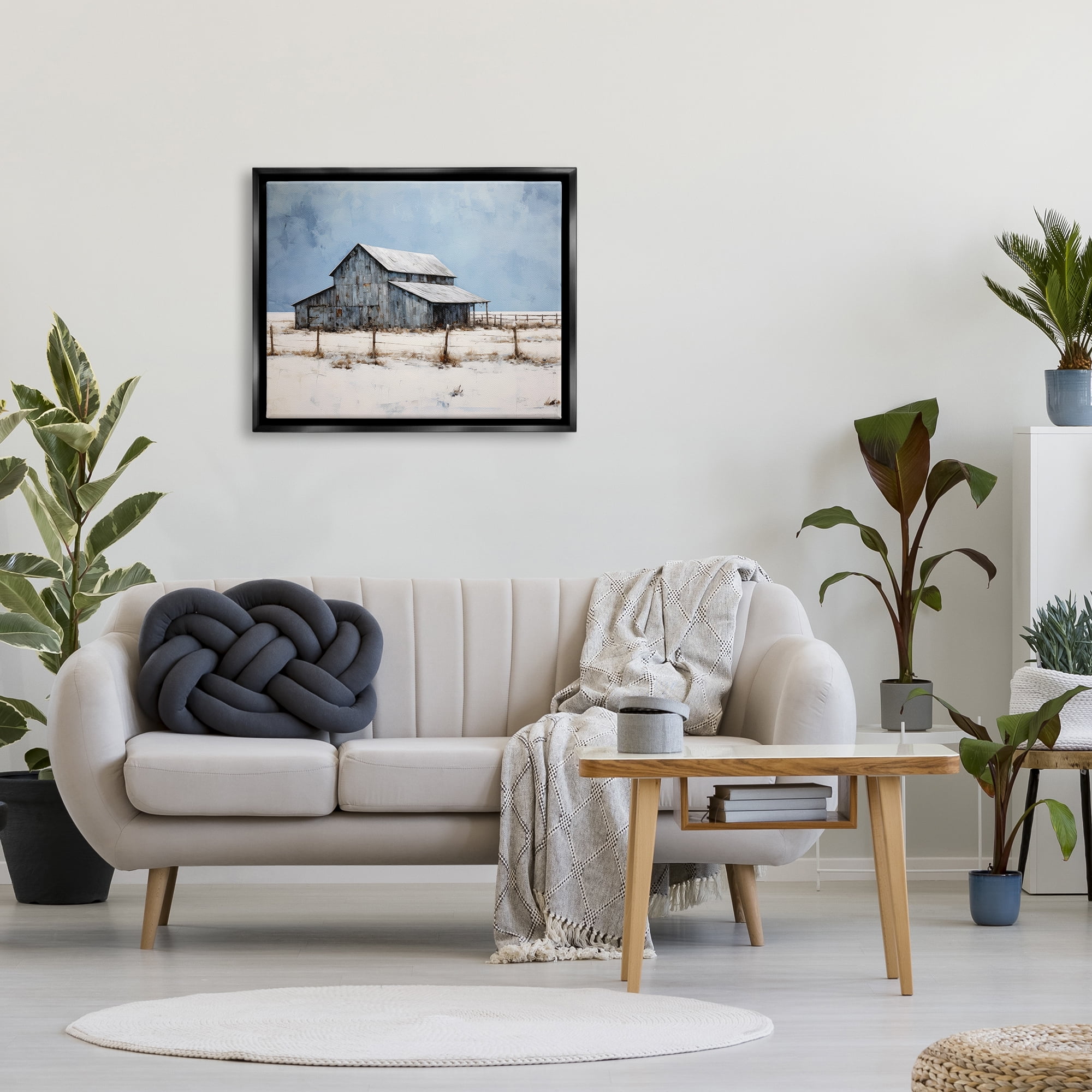Stupell Industries Winter Barn Landscape Landscape Painting Black Floater Framed Canvas Art Print Wall Art, 31 x 25