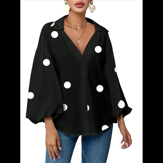 Blusa Holgada de Larga con Cuello Semiabierto y Lunares Franceses para Mujer Lunares Negros XXL