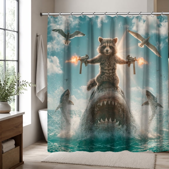 Funny Raccoon Shower Curtain 70.87 x 70.87 Inch, Shark Ocean Polyester Fabric Bathroom Curtain, Novelty Animal Bathroom Decor
