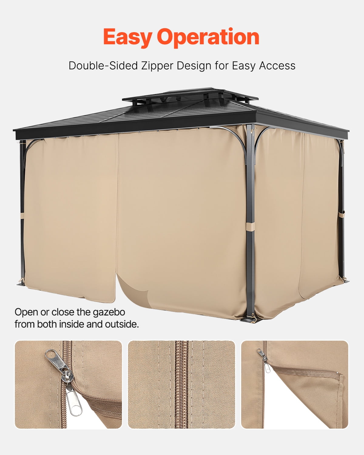 VEVOR Gazebo Curtains Outdoor, 12' x 10' x 7' Gazebos, 4-Panel Sidewall Gazebo Privacy Curtains with Zippers, Outdoor Curtain Replacement for Patio Canopy, Only Curtain, Khaki