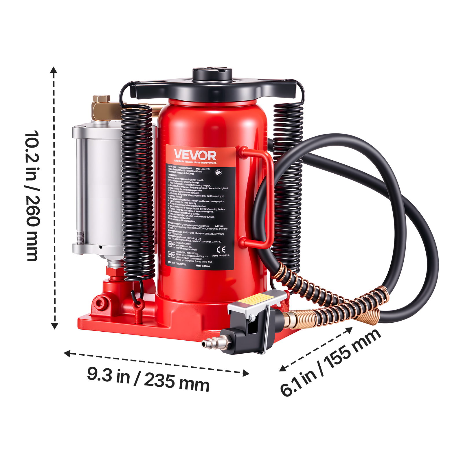 VEVOR Air Hydraulic Bottle Jack, 20 Ton (44092 lbs) Capacity, 10.2-19.5 Inch Lifting Range, Pneumatic/Manual Heavy Duty Welded Bottle Jack with Pump
