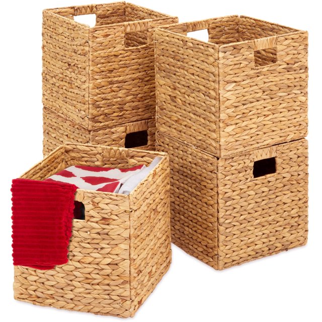 Best Choice Products Cestas de jacinto de 12.0 x 12.0 in, juego rústico de 5 organizadores de almacenamiento plegables multiusos, bolsas de lavandería tejidas a mano para dormitorio, sala de estar, es
