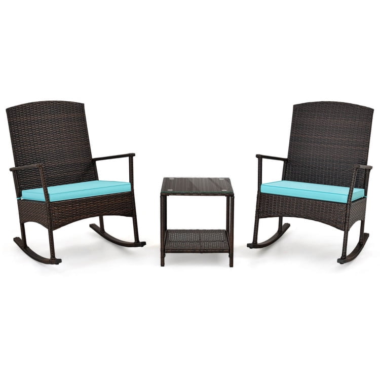 Aimee Lii 3 Piece Patio Rocking Set, Wicker Rocking Chairs with 2-Tier Coffee Table, Outdoor Patio Set, Turquoise Aimee Lii 3 Piece Patio Rocking Set, Wicker Rocking Chairs with 2-Tier Coffee Table, Outdoor Patio Set, Turquoise