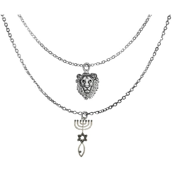 Messianic, Yeshua Silvertone Lion Of Judah, Silvertone Covered With Austrian Crystal Seal Of Jerusalem On A Adjustable Silvertone Double Cable Chain Necklace. Hypoallergenic-Safe  ©2023