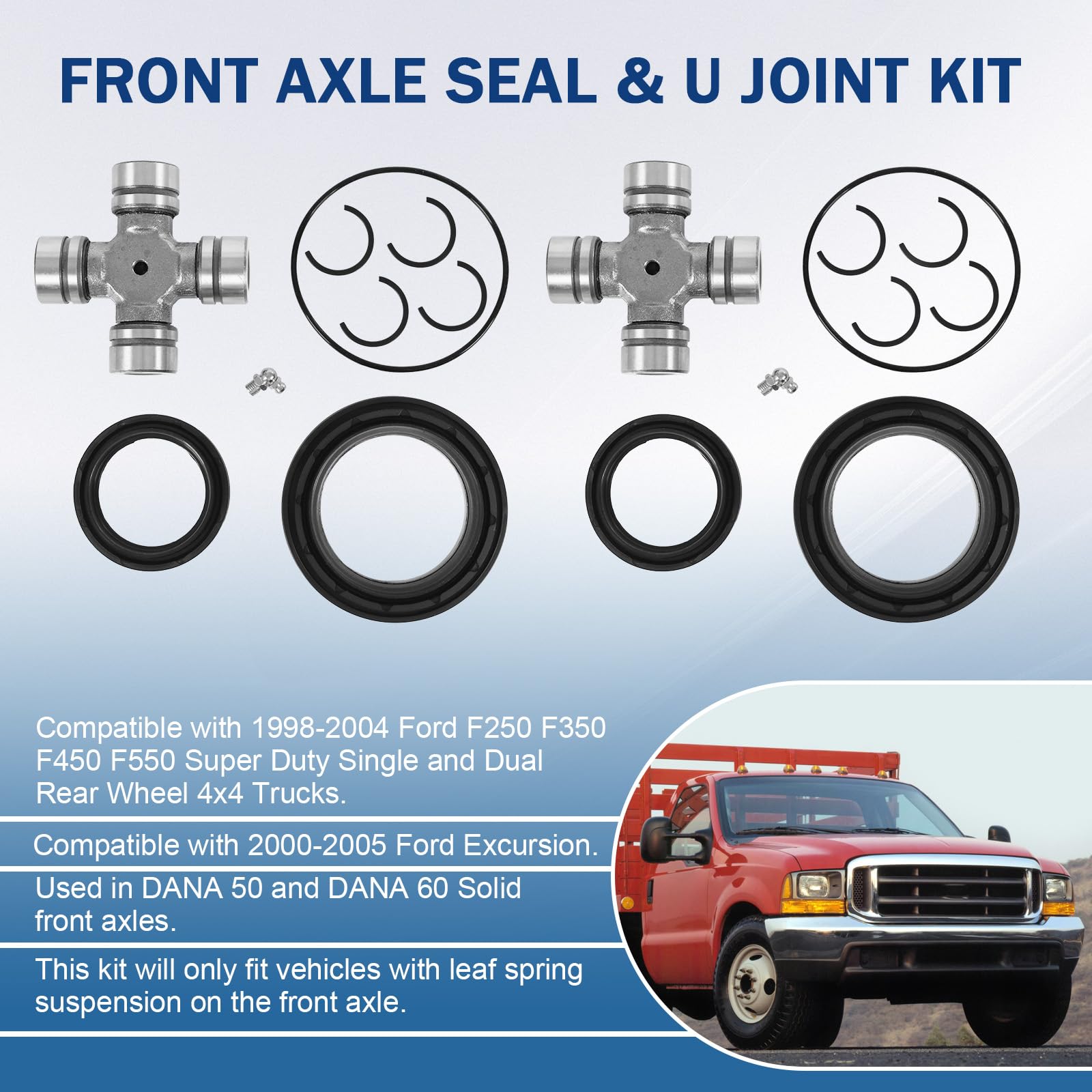Front Axle Seal & U Joint Kit Compatible with Ford F250 F350 F450 F550 Super Duty Excursion with Dana 50/60 1998-2005 Replace# 2002692 50381 50491 SPL55-4X 41784-2